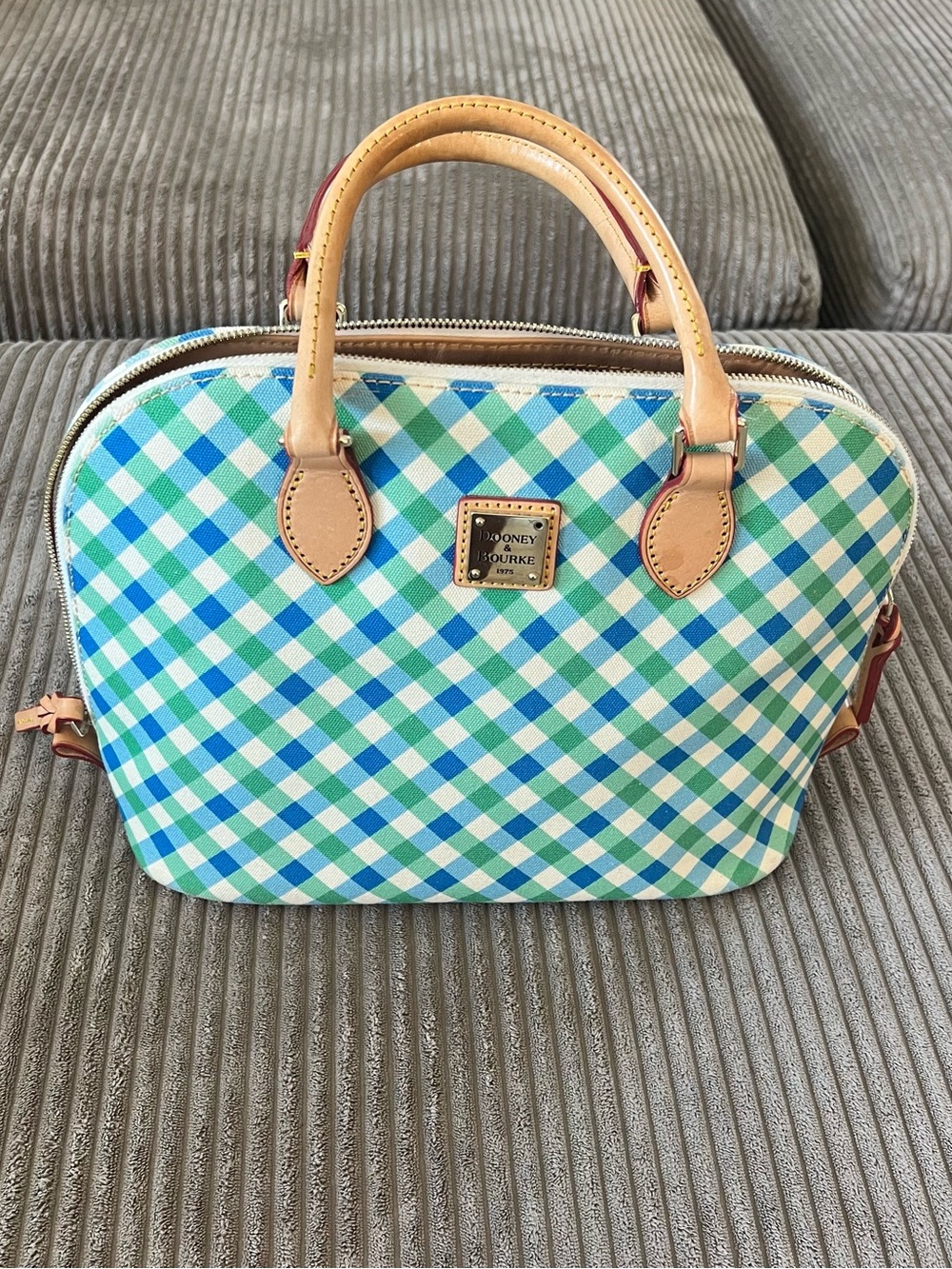 Dooney & Bourke Blue and Green Gingham Satchel Zip with Leather Handles